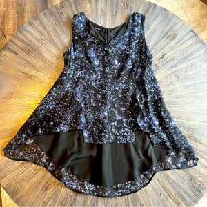 Lafayette 148 Layered Sheer Silk Black, Blue & White Sleeveless Top Galaxy Motif